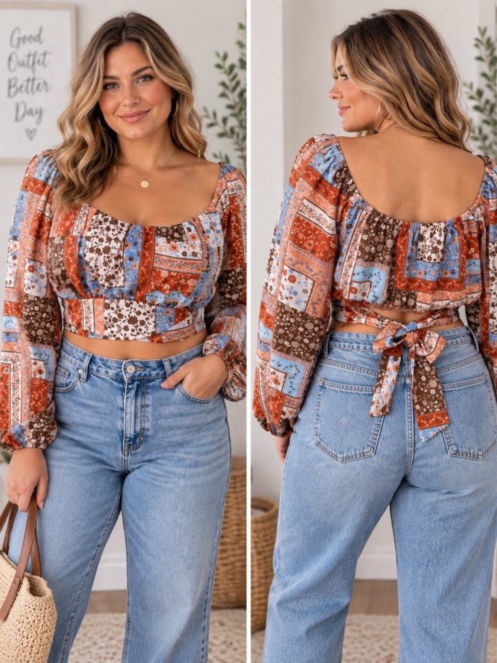 Altar'd‎ State Patchwork Floral Crop Top Tie Back XL Boho Cottagecore fall